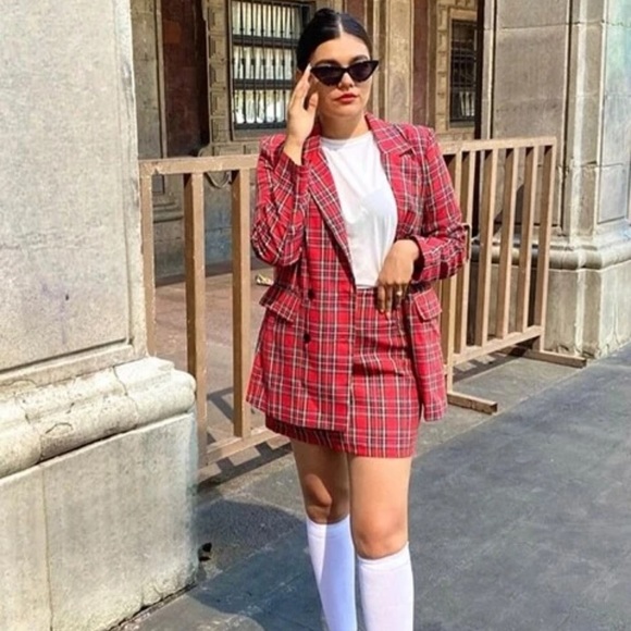 BohoGypsyDreamer.com Dresses & Skirts - 2 piece skirt set: Double Breasted Tartan plaid Blazer & mini Skirt red